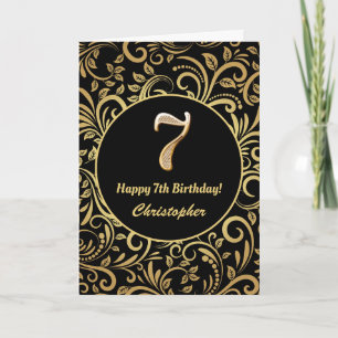 7th Birthday Black and Gold Floral Pattern Card