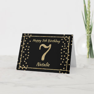 7th Birthday Black and Gold Glitter Confetti Card