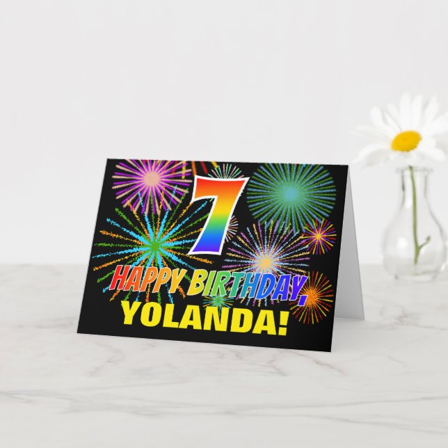 7th Birthday: Bold, Fun, Fireworks, Rainbow 7 Card (Small Plant)