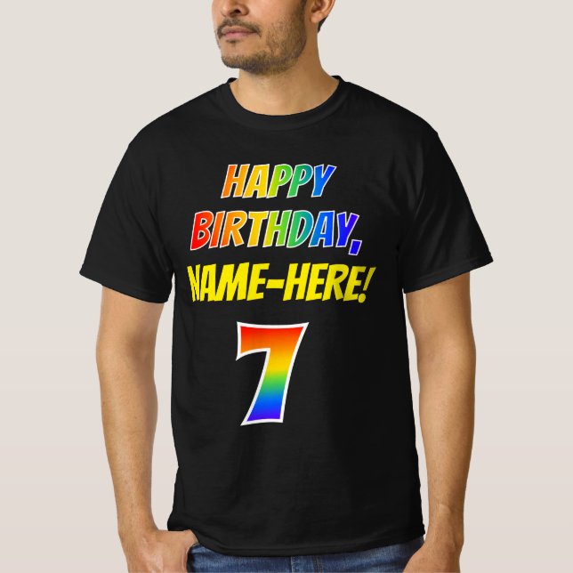 7th Birthday — Bold, Fun, Rainbow 7, Custom Name T-Shirt (Front)