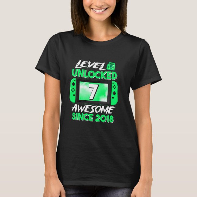 7th Birthday Boy Level 7 Unlocked Awesome 2018 Vid T-Shirt (Front)