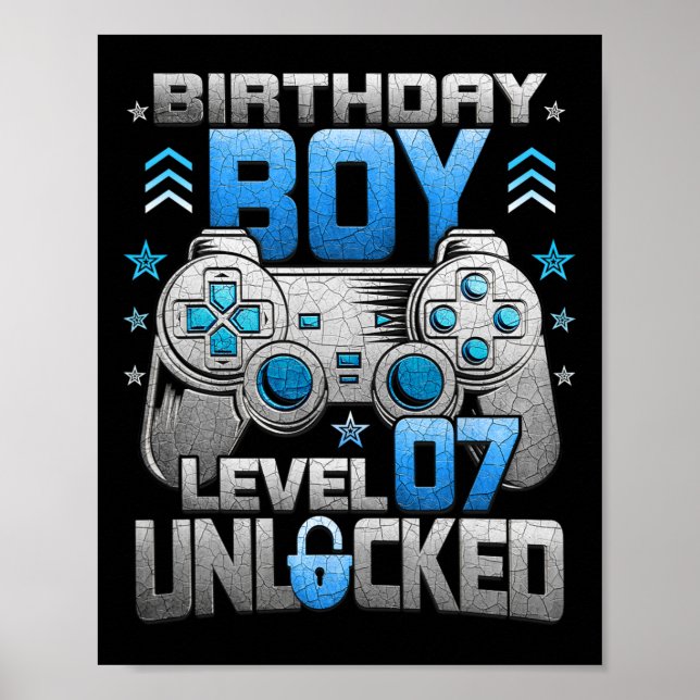 7th Birthday Boy Level 7 Unlocked Video Game Party Poster (Front)