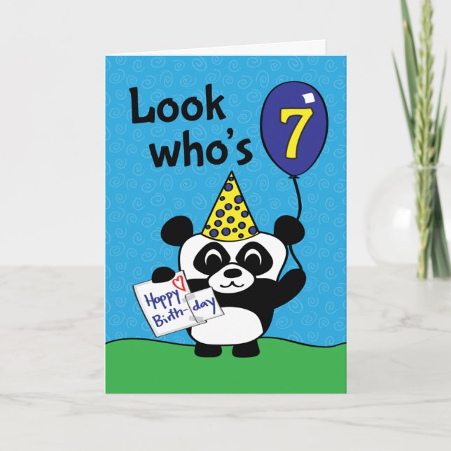 7th Birthday - Boy Panda with Balloon & Card (Front)