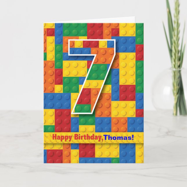 7th Birthday Boy, Stacking Blocks, Personalise Card (Front)