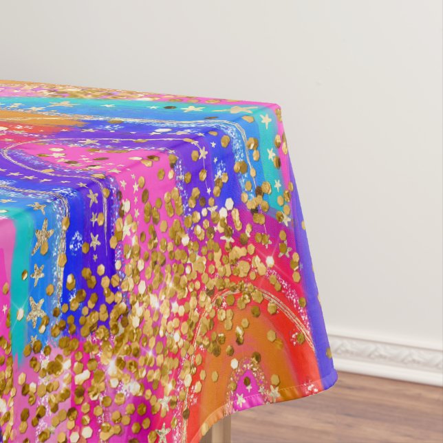 7th Birthday Bright Rainbow Gold Glitter Tablecloth (In Situ)