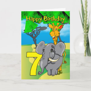 7th Birthday Card - Elephant, Giraffe, Jungle 7th