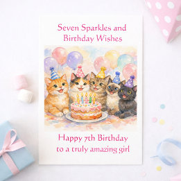 7th Birthday Card for Girls Festive Cat Party
