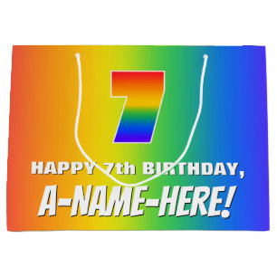 7th Birthday: Colourful, Fun Rainbow Pattern # 7 Large Gift Bag