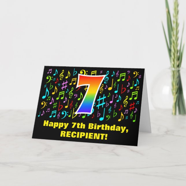 7th Birthday - Colourful Music Symbols & Rainbow 7 Card (Front)