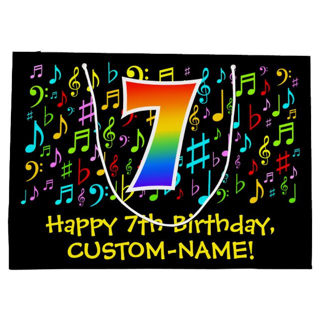 7th Birthday - Colourful Music Symbols, Rainbow 7 Large Gift Bag (Back)