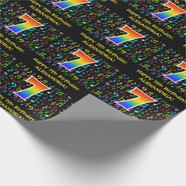 7th Birthday: Colourful Music Symbols, Rainbow 7 Wrapping Paper (Corner)