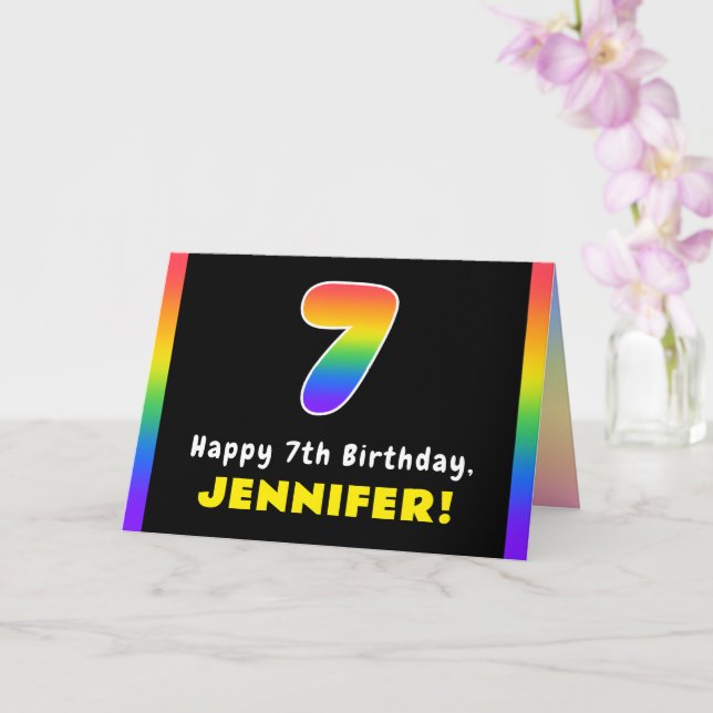 7th Birthday: Colourful Rainbow # 7, Custom Name Card (Orchid)
