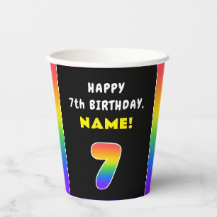 7th Birthday: Colourful Rainbow # 7, Custom Name Paper Cups