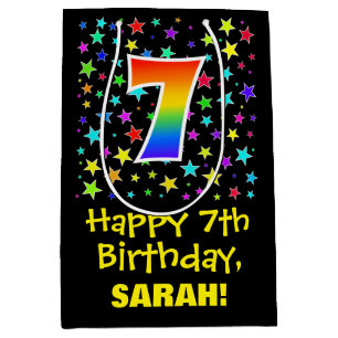 7th Birthday: Colourful Stars Pattern & Rainbow 7 Medium Gift Bag