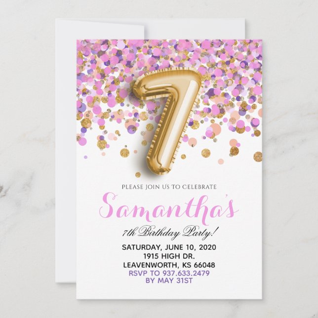 7th Birthday Confetti Invitation (Front)
