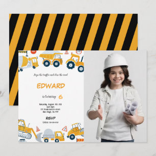 7th Birthday Construction Boy Photo Invitation