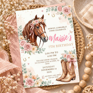 7th Birthday Cowgirl Horse Riding Party Rustic Invitation