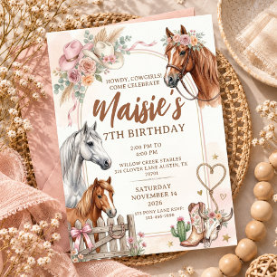 7th Birthday Cowgirl Horse Riding Party Rustic Invitation
