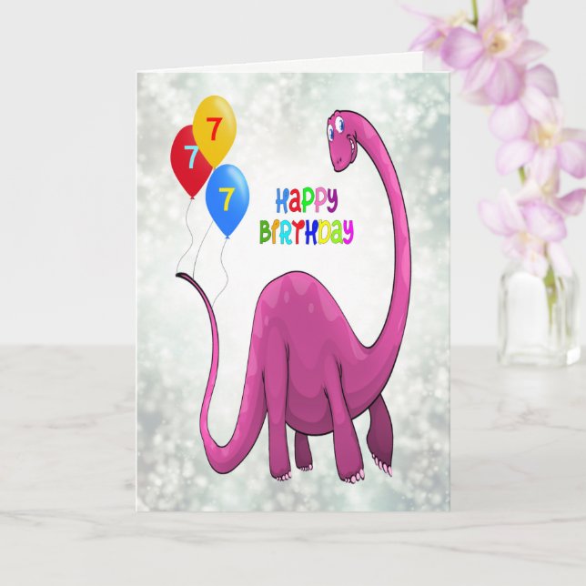 7th Birthday Dinosaur and Ballons Card (Orchid)