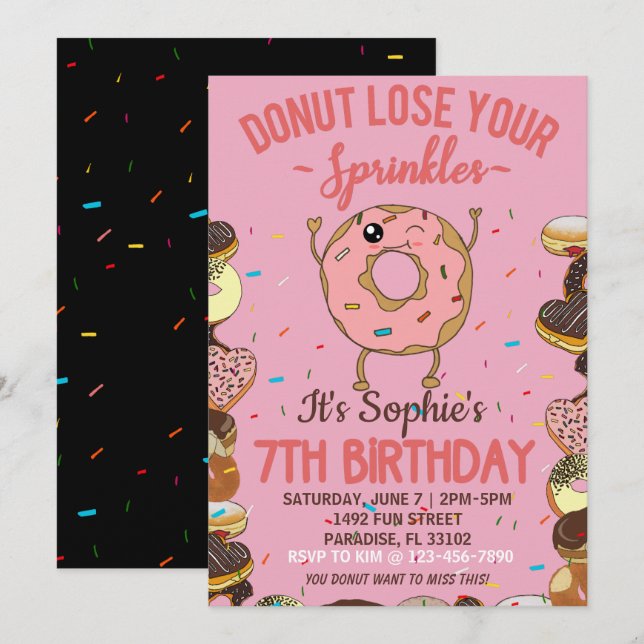 7th Birthday Doughnut Lose Your Sprinkles Girls Pa Invitation (Front/Back)