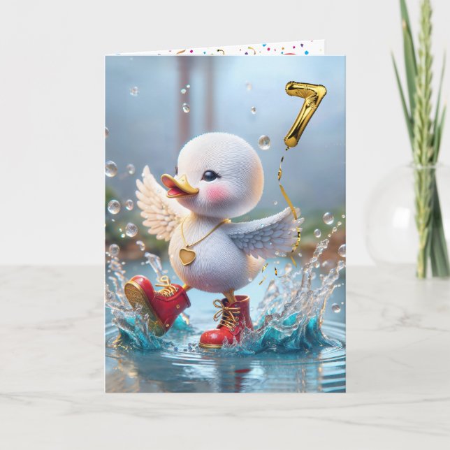 7th Birthday Duck Dancing In a Rain Puddle Card (Front)