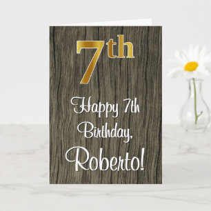7th Birthday: Elegant Faux Gold Look #, Faux Wood Card
