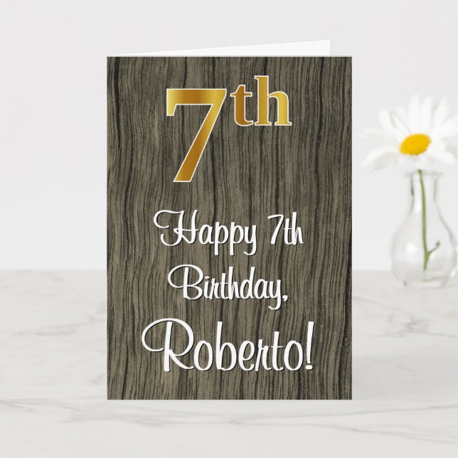 7th Birthday: Elegant Faux Gold Look #, Faux Wood Card (Small Plant)