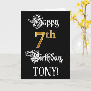 7th Birthday — Fancy Script; Faux Gold Look; Name Card