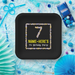 7th Birthday: Floral Flowers Number, Custom Name Paper Plate