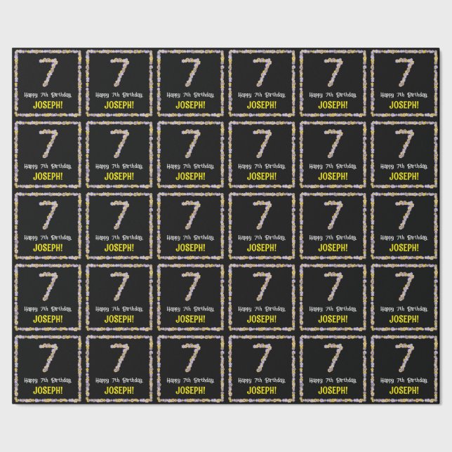 7th Birthday: Floral Flowers Number, Custom Name Wrapping Paper (Seam)