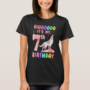 7th Birthday Floral Howling Watercolor Wolf 7 Year T-Shirt