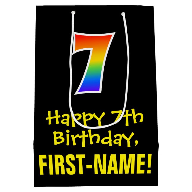 7th Birthday: Fun, Bold, Colourful, Rainbow "7" Medium Gift Bag (Back)