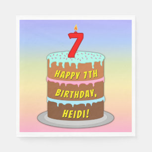 7th Birthday: Fun Cake and Candle + Custom Name Napkin