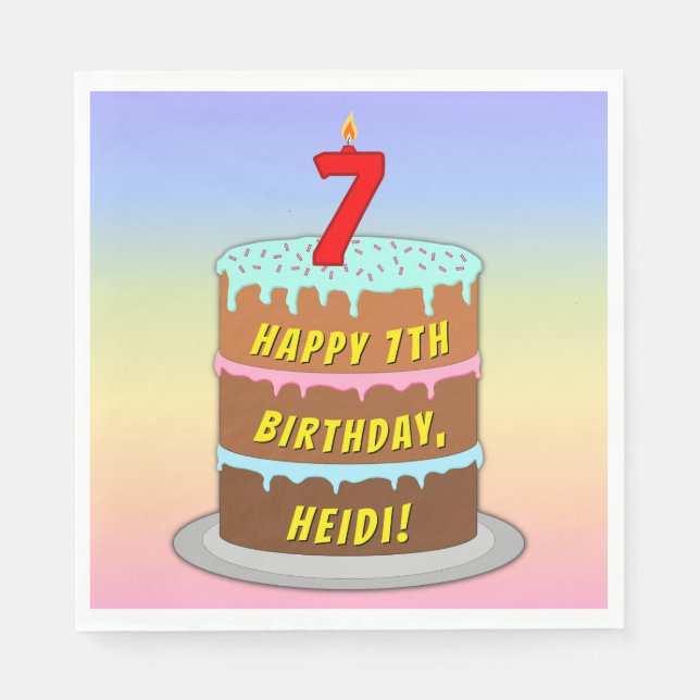 7th Birthday: Fun Cake and Candle + Custom Name Napkin (Front)