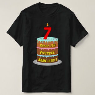7th Birthday — Fun Cake & Candle, w/ Custom Name T-Shirt