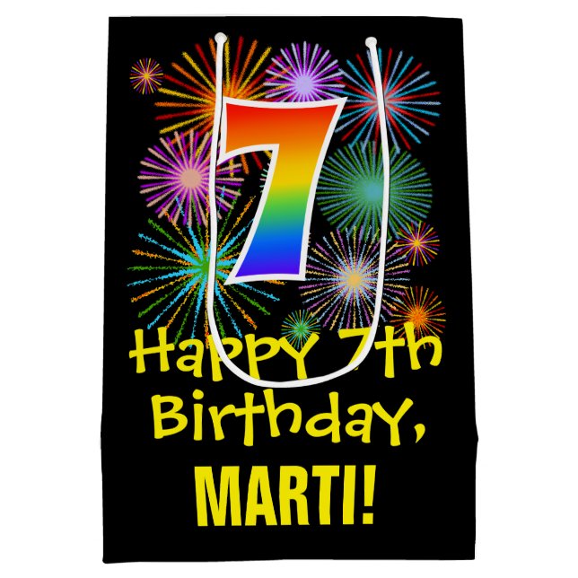 7th Birthday: Fun Fireworks Pattern + Rainbow 7 Medium Gift Bag (Back)