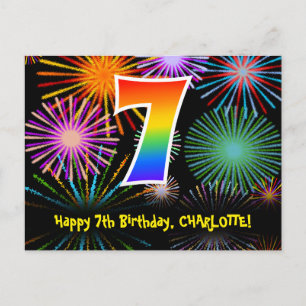 7th Birthday – Fun Fireworks Pattern + Rainbow 7 Postcard