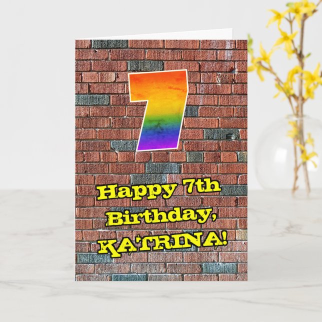 7th Birthday: Fun Graffiti-Inspired Rainbow 7 Card (Yellow Flower)
