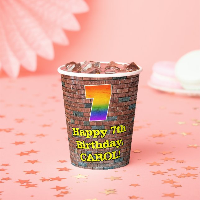 7th Birthday: Fun Graffiti-Inspired Rainbow 7 Paper Cups (Insitu)