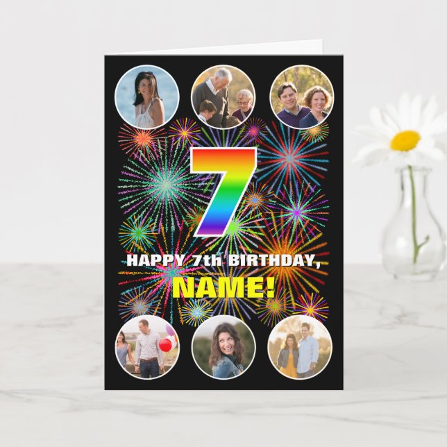 7th Birthday: Fun Rainbow #, Custom Name & Photos Card (Small Plant)