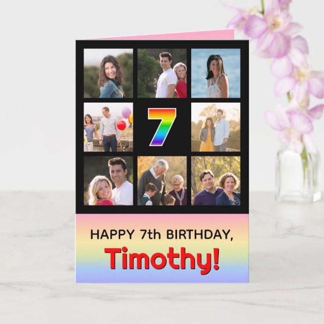7th Birthday: Fun Rainbow #, Custom Photos + Name Card (Orchid)