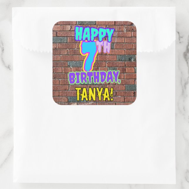 7th Birthday – Fun, Urban Graffiti Inspired Look Square Sticker (Bag)