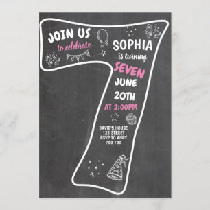 7th Birthday Girl Chalkboard Pink Number Invitation