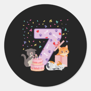 7th Birthday Girl Cute Cat Outfit 7 Years Old Bday Classic Round Sticker