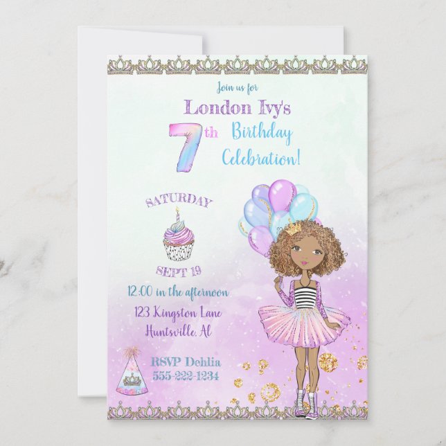 7th Birthday Girl Princess African American Invitation (Front)