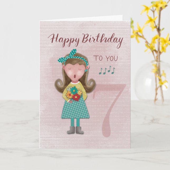 7th Birthday Girl Singing Happy Birthday Card (Yellow Flower)
