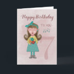 7th Birthday Girl Singing Happy Birthday Card<br><div class="desc">Little choir girl singing "Happy Birthday to you" with eyes closed and mouth open wide. Girl has flowers in her hands and a ribbon in her blonde hair. Distressed pink background and subtle 7 on the front symbolising her 7th birthday.</div>