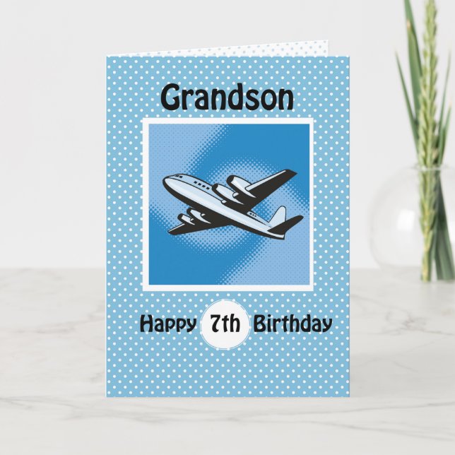7th Birthday, Grandson, Aeroplane on Blue Card (Front)