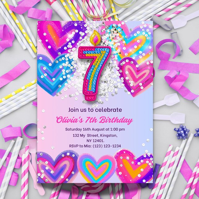 7th Birthday Inviation for Girls - Rainbow Hearts  Invitation (Creator Uploaded)