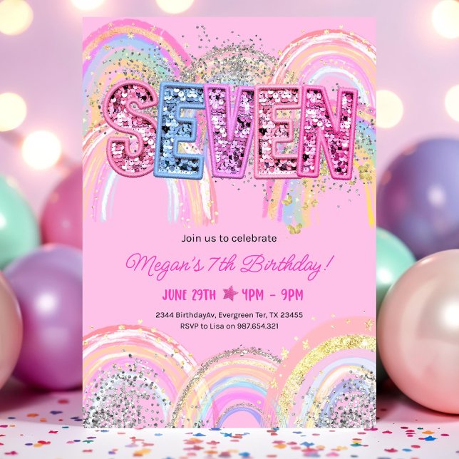 7th Birthday Invitation Girl Editable Rainbow Sequ (Creator Uploaded)